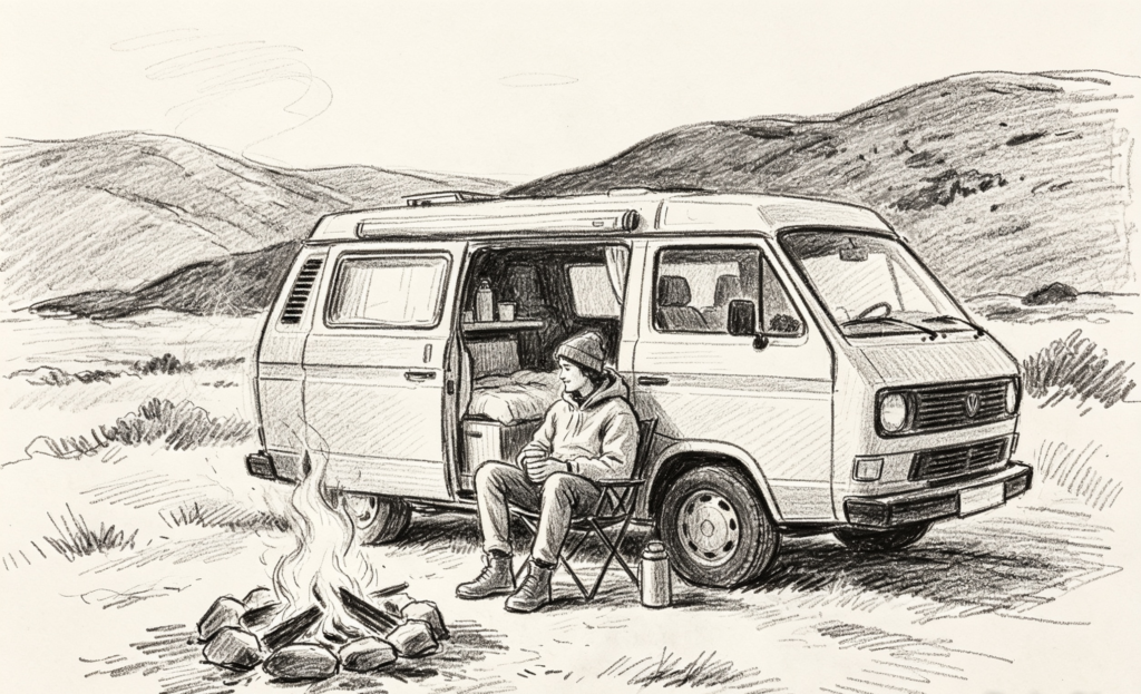 A sketch of someone sat outside their camper-van , being by a fire.