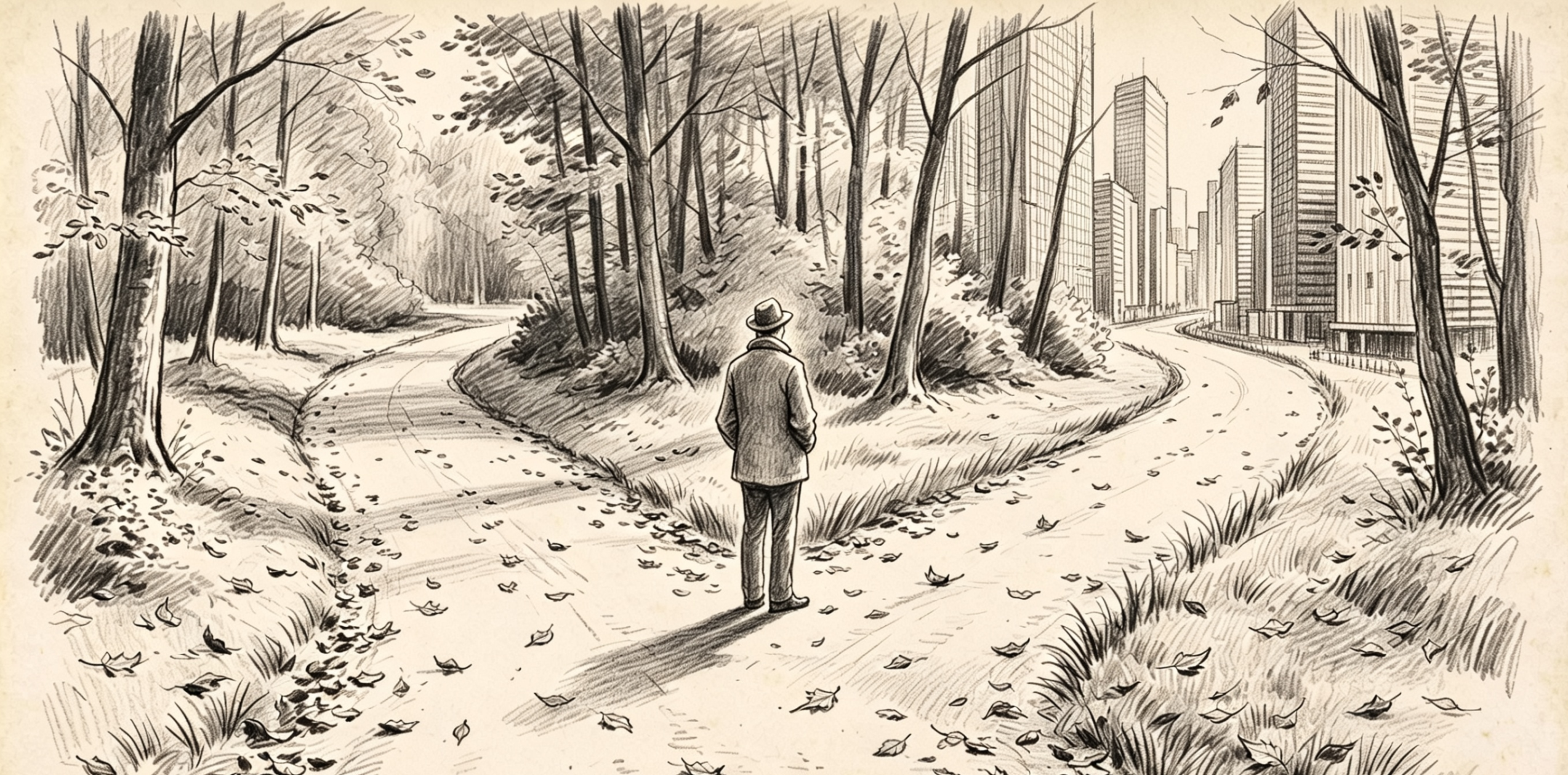 A figure stood between two paths, one leading back to normal society, and the other to adventure.