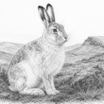 A drawing of a mountain hare in black and white