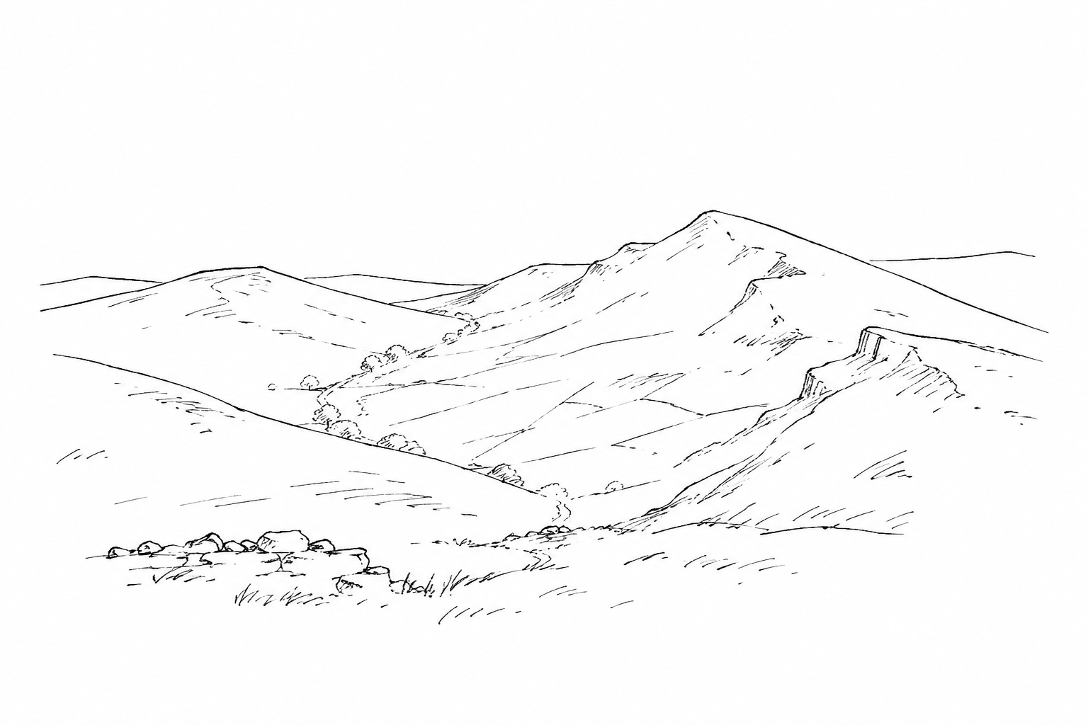 The rolling hills of the peak district hand drawn in black and white